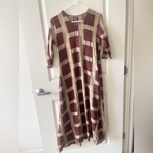 Uma Wang Style Short Sleeves Crewneck Cotton Midi Checked A-line Dress Burgundy
